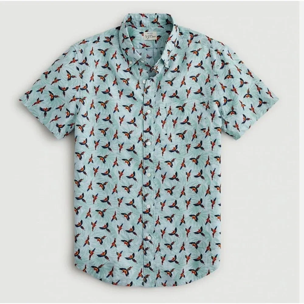 J.Crew 100% Linen Parrot Print Short Sleeve Button Down Shirt Men’s M Tropical